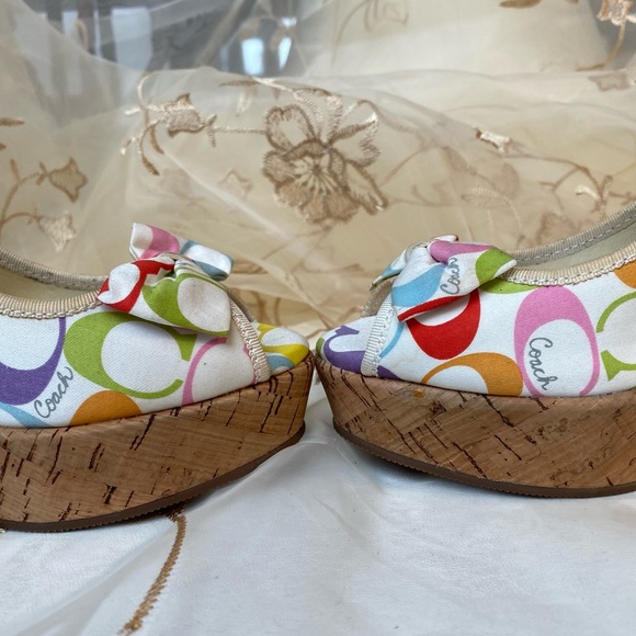COACH Gwynnie Signature 4.5" Cork Wedge Slingback Sandals Multi Pastel with Bow. - Picture 8 of 15